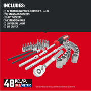 Craftsman 48-piece ratchet, sockets, bit driver set with CMMT12117 SKU, product laid out on red background.