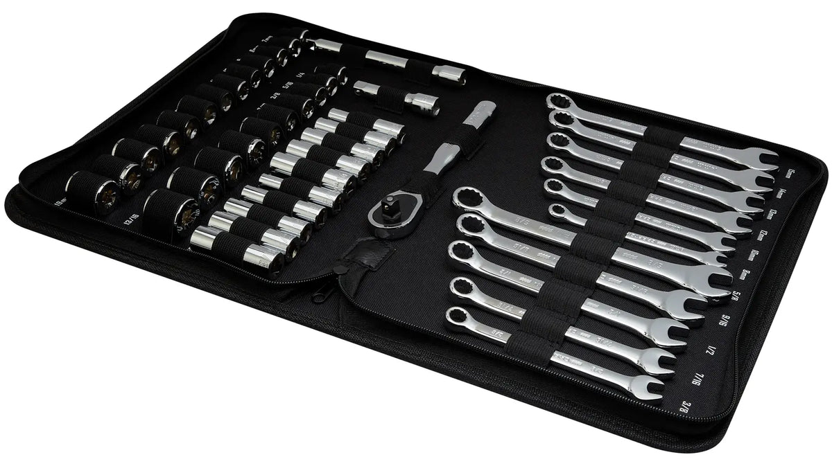 Craftsman tool set CMMT12119 with sockets, wrenches, ratchet and extensions in black zippered case, angled view.