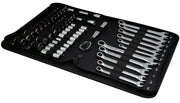 Craftsman tool set CMMT12119 with sockets, wrenches, ratchet and extensions in black zippered case, angled view.