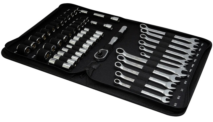Craftsman tool set CMMT12119 with sockets, wrenches, ratchet and extensions in black zippered case, angled view.