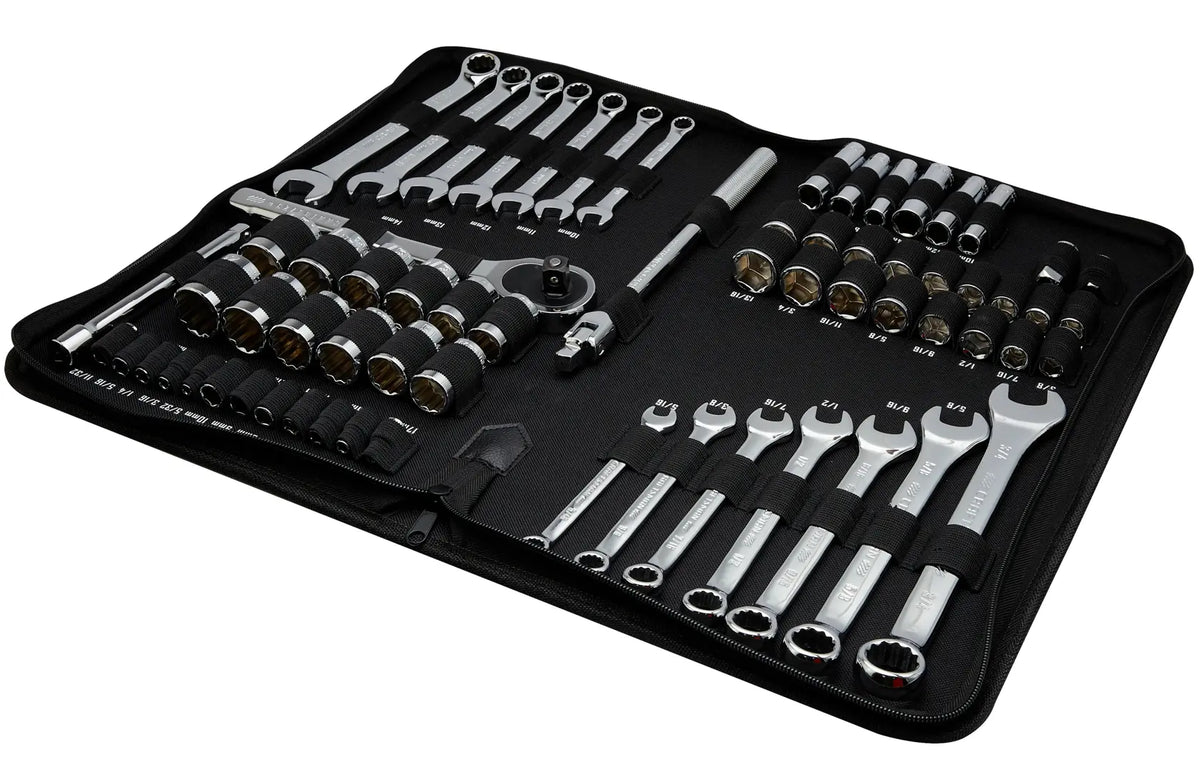 Photo of Craftsman wrench and socket set CMMT12120 in a black carrying case, angled view on white background.