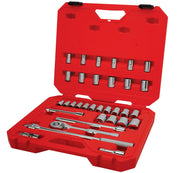 Craftsman socket wrench set CMMT12122 in red case, angled front view with chrome sockets and ratchets visible.