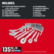 Photo of Craftsman 135-piece SAE/Metric tool set, SKU CMMT12124L, including ratchets, sockets, wrenches, and bits.