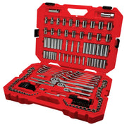 Craftsman red tool set case with sockets, ratchets, wrenches and accessories, model CMMT12125, angled view.