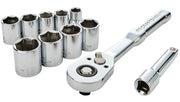 A set of shiny chrome socket wrenches, including a ratchet handle, an extension bar, and multiple socket heads of various sizes. The tools are arranged on a white background.