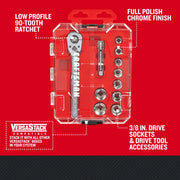 Photo of Craftsman socket set CMMT12127 featuring ratchet, drive sockets, drive tool accessories in clear case, top view.