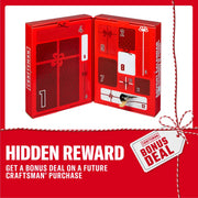 CRAFTSMAN advent calendar with numbered doors and bonus deal offer for future purchase. Red holiday-themed design.