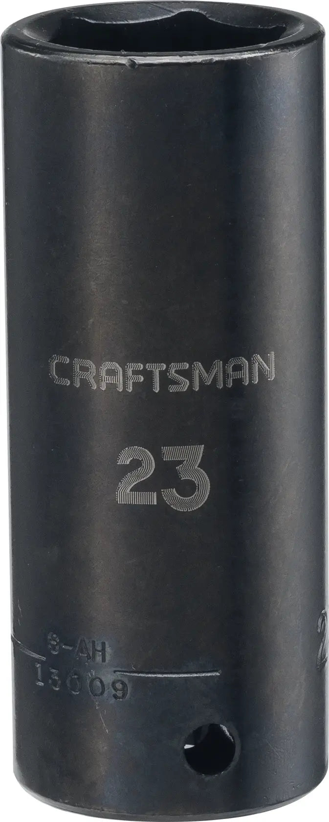 Craftsman CMMT13009 deep socket, black steel, 23mm size, product photo, front angle, tool category.