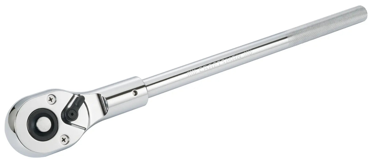 CRAFTSMAN CMMT13015 chrome ratchet wrench with knurled handle, photographed on white background, angled view.