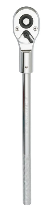 Photo of Craftsman CMMT13015 chrome ratchet wrench with knurled handle, vertical front angle, on white background.