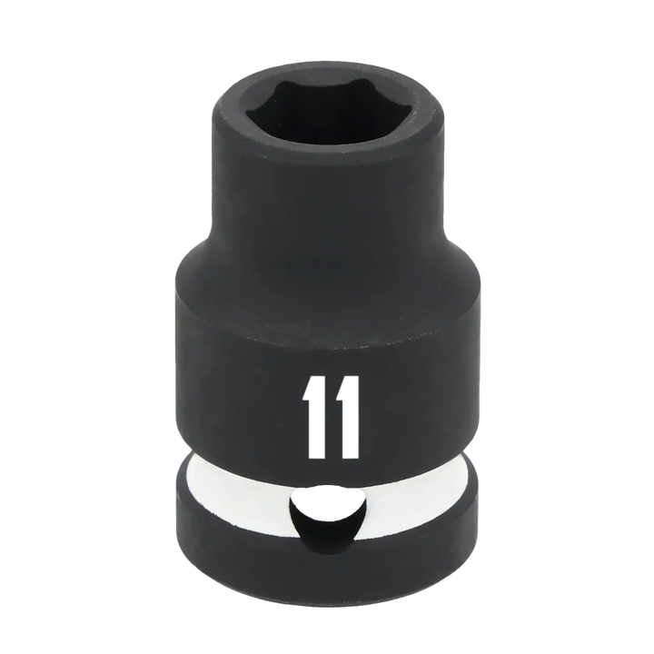 A single black impact socket with the number 11 printed in white on its side, used for attaching to a socket wrench to turn bolts or nuts.