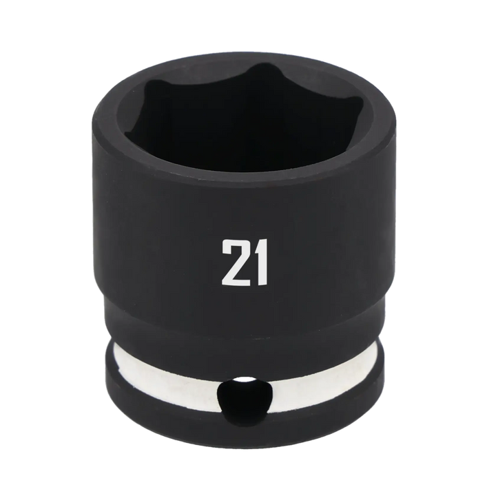 A close-up image of a black 21mm impact socket tool, typically used for tightening or loosening bolts, with a hole and metal ring near the base.