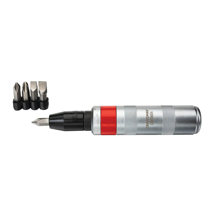 Photo of Craftsman CMMT14104 impact driver with four interchangeable bits, silver and red, side angle.