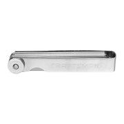 Craftsman pocket feeler gauge CMMT14105, stainless steel, side angle, on white background.