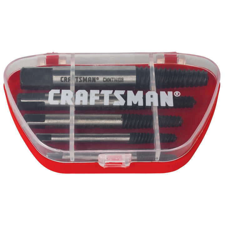 Photo of Craftsman CMMT14108 screw extractor set in a red and clear plastic case, top view.