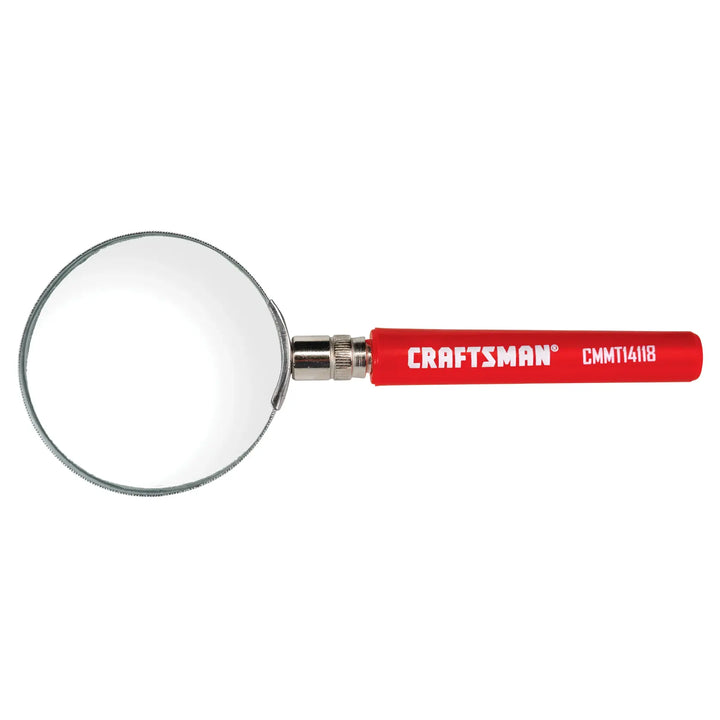 Photo of Craftsman magnifying glass with red handle, model CMMT14118, top view on white background.