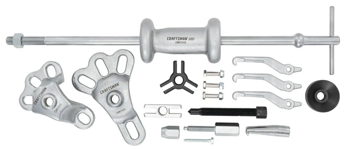Photo of Craftsman puller tool kit CMMT14140 with metal components arranged on white background.