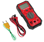 Photo of Craftsman digital multimeter with red and black test leads and yellow thermocouple, SKU CMMT14171, front angle.