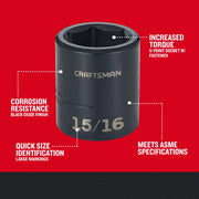 Craftsman 15/16 black oxide 6-point socket, SKU CMMT15857, front angle, bold size marking, graphics category.