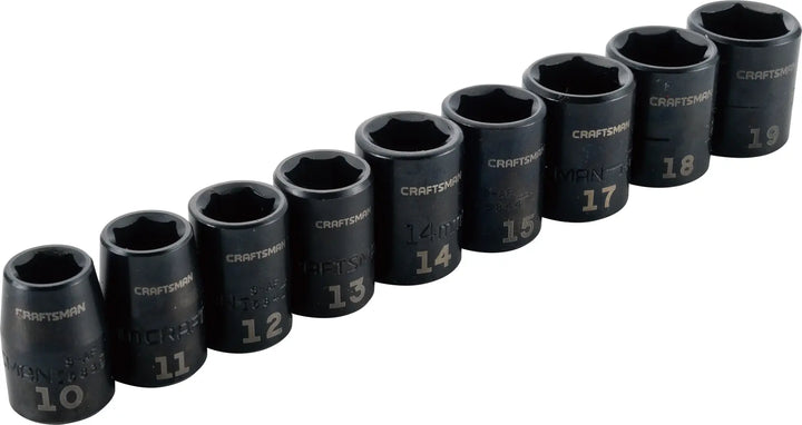 Photo of Craftsman socket set, black finish, sizes 10-19mm, SKU CMMT15881, tool category, front angle.