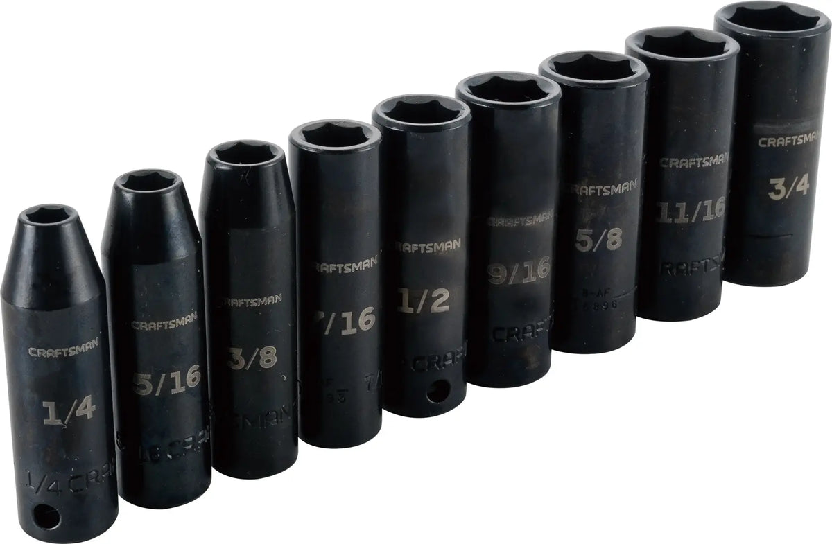 Photo of Craftsman CMMT15882 deep socket set, eight black sockets in various sizes, front angle on white background.