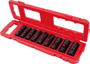 Photo of CRAFTSMAN CMMT15883 socket set with nine black sockets in a red plastic carrying case, angled on white background.