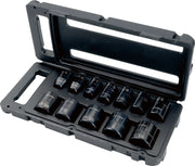 Photo of CRAFTSMAN SKU CMMT15884 socket set with ten black sockets in a black plastic carrying case, angled view.