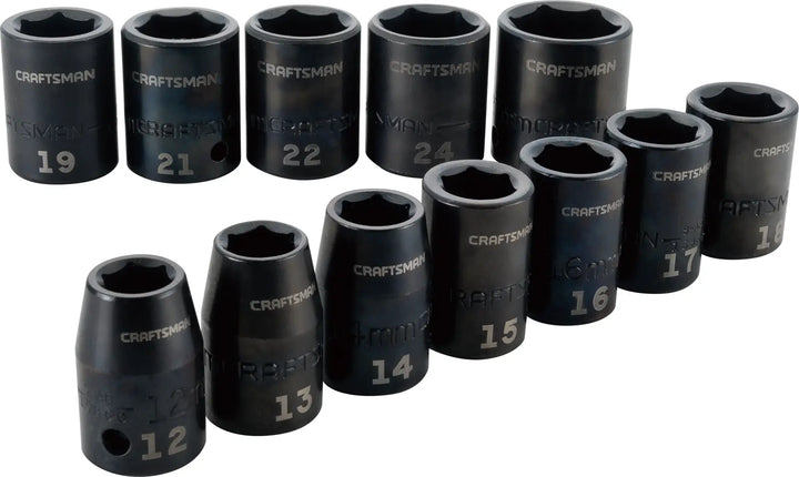 Photo of Craftsman socket set CMMT15885, 12 black sockets with size markings, arranged on a white background.