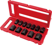 Photo of Craftsman CMMT15885 socket set with ten black sockets in a red hard plastic case, angled front view.