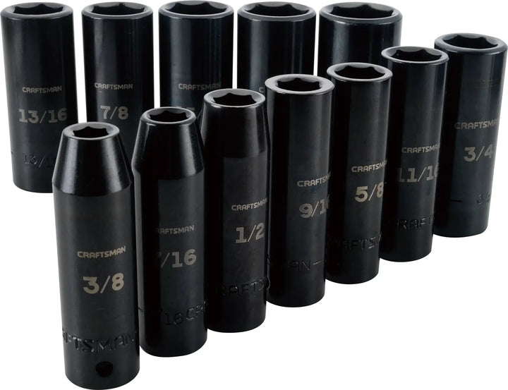 Craftsman CMMT15886 deep socket set, 11 black steel sockets with size markings, front angle on white background.