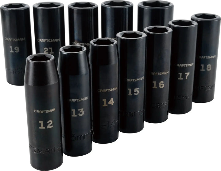 CRAFTSMAN CMMT15887 deep impact socket set with 12 black metric sockets, front angle on white background.