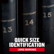 Close-up of Craftsman sockets with large size markings 13, 14, 15, SKU CMMT15887, black background.