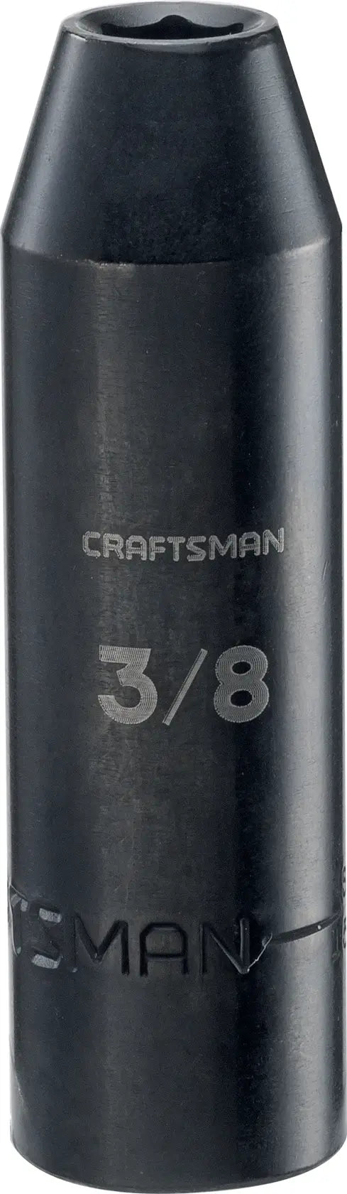 Front view, CRAFTSMAN 3/8 inch deep socket, black finish, engraved size marking, SKU CMMT15995.
