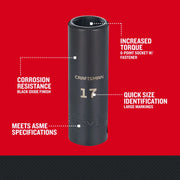Craftsman black 6-point deep socket with large size 17 marking, CMMT16078, front angle on white background.