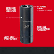 Photo of Craftsman deep socket, black oxide finish, size 19mm, CMMT16080, front view, large markings.