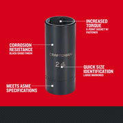 Photo of CRAFTSMAN 24mm black oxide 6-point socket, CMMT16086, shown upright with large markings.