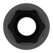 Close-up view of a black and gray socket tool head with a six-point star interior, photographed from above.