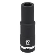 A black Craftsman deep impact socket with the number 12 printed on its side, used for turning nuts and bolts.