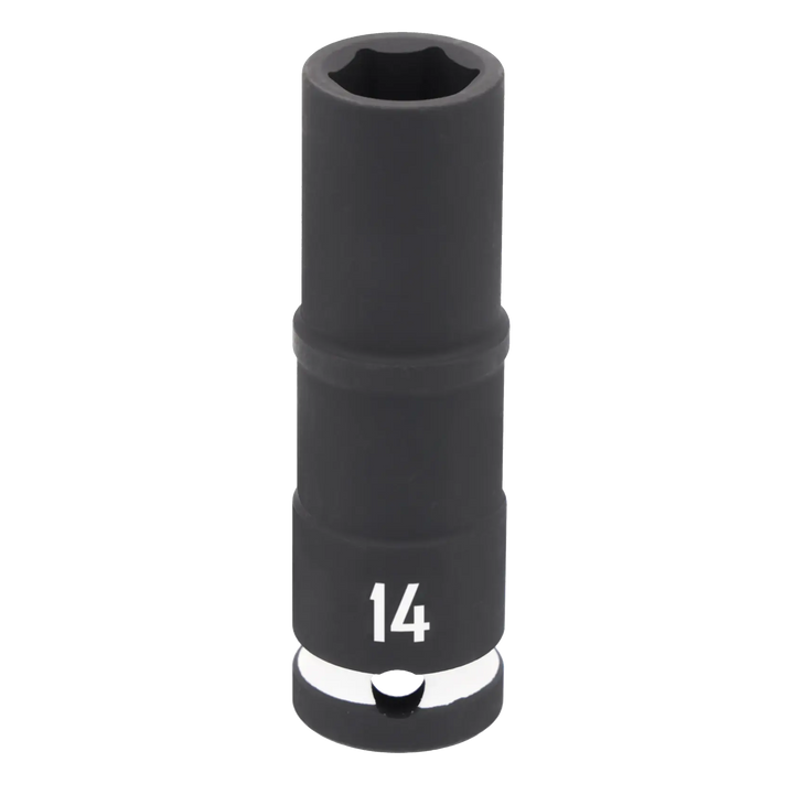 A close-up view of a black 14mm deep socket tool, used for securing nuts and bolts, with the number '14' printed in white near the base.