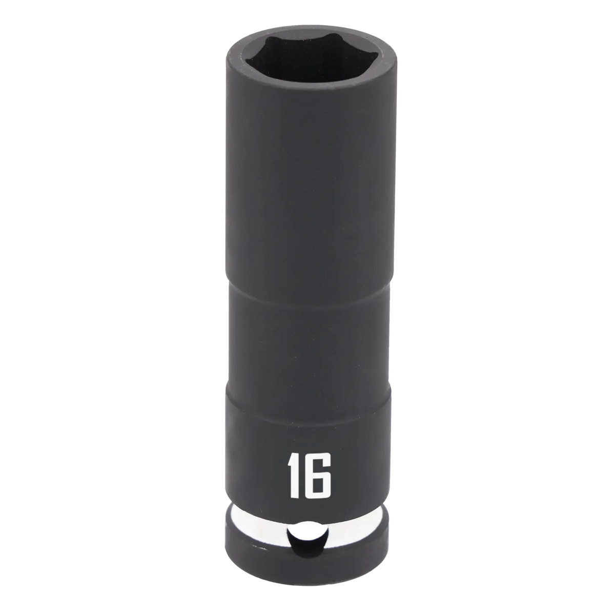 A black deep socket tool with the number 16 printed in white on its side, designed for use with a ratchet for tightening or loosening fasteners.
