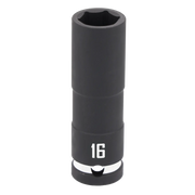 A black deep socket tool with the number 16 printed in white on its side, designed for use with a ratchet for tightening or loosening fasteners.