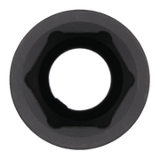Close-up view of a black hexagonal socket tool, photographed from above against a white background.