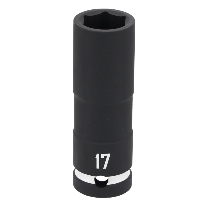 A black CRAFTSMAN socket with a six-point design and the number 17 printed on it, used as a tool attachment for turning fasteners.