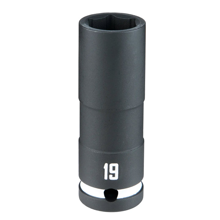 A black, cylindrical socket tool with the number 19 printed on it, photographed on a white background.