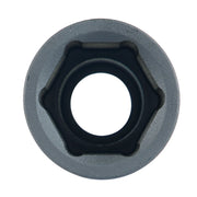 Close-up view of a metal hexagonal socket, photographed from above on a white background.