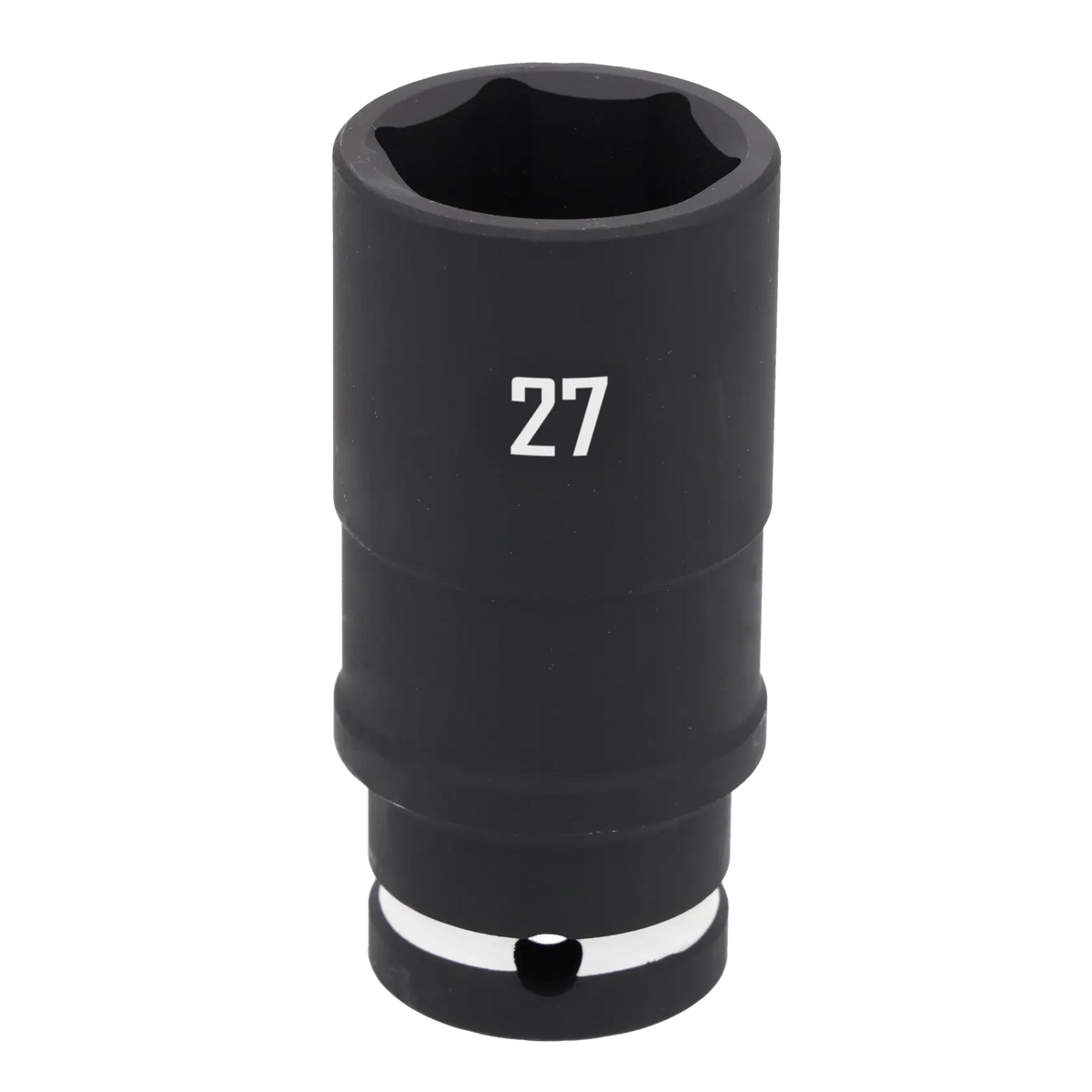 A close-up image of a black CRAFTSMAN deep socket with the number 27 printed on it, used for fastening or loosening bolts and nuts.