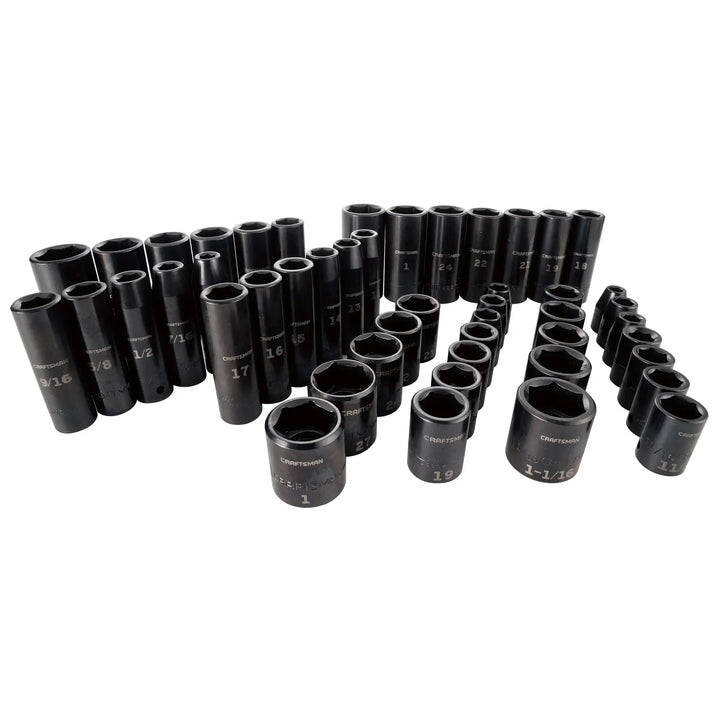 Photo of Craftsman CMMT16548 deep and standard impact socket set, black, multiple sizes, shown on white background.