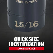 Photo of Craftsman socket with 15/16 size, large engraved markings, SKU CMMT16548, front angle.