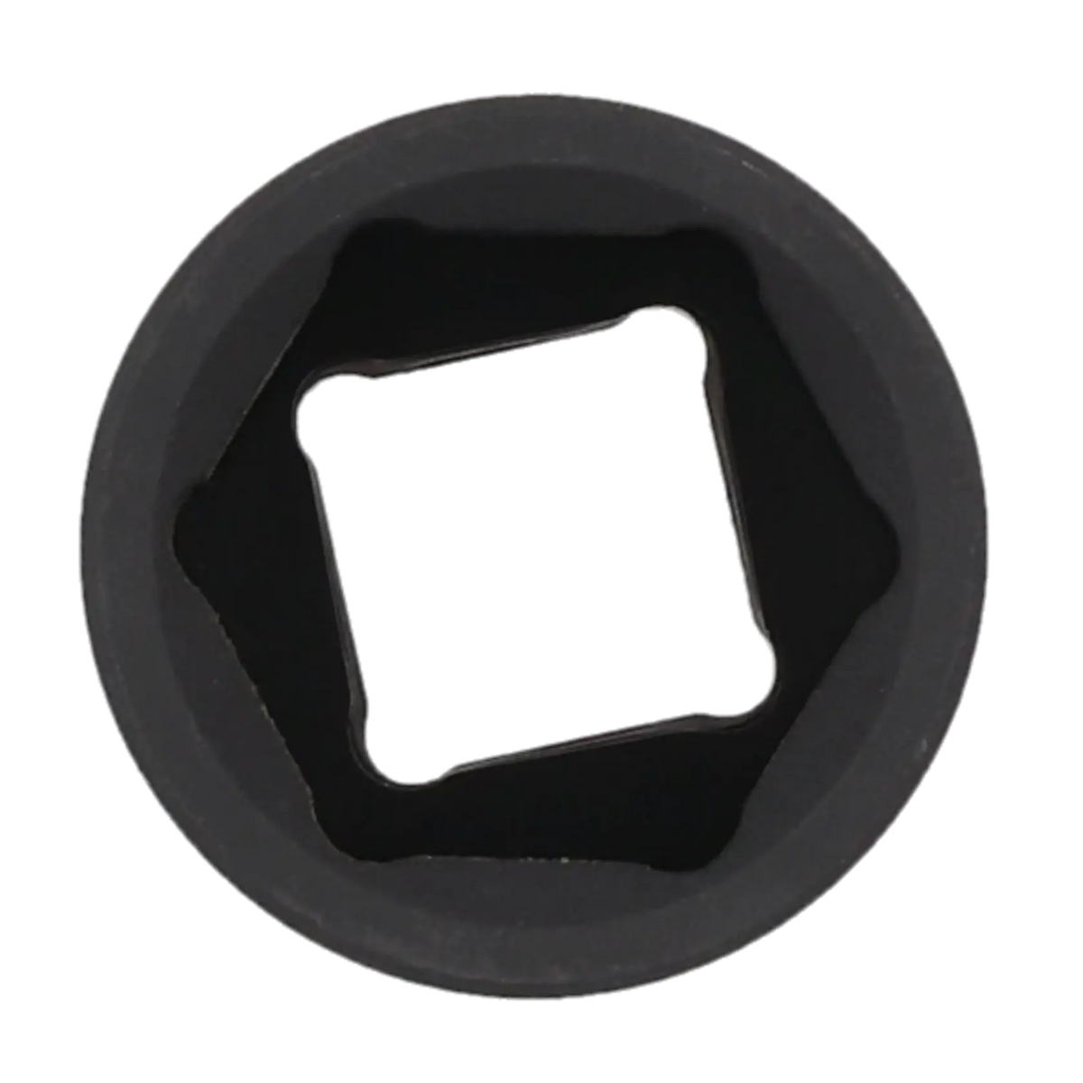 Close-up view of a black square drive socket tool, showing the internal square-shaped opening designed to fit with a ratchet or socket wrench.