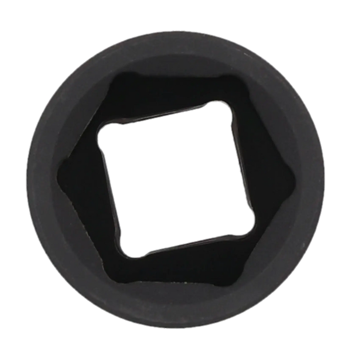 Close-up view of a black square drive socket tool, showing the internal square-shaped opening designed to fit with a ratchet or socket wrench.